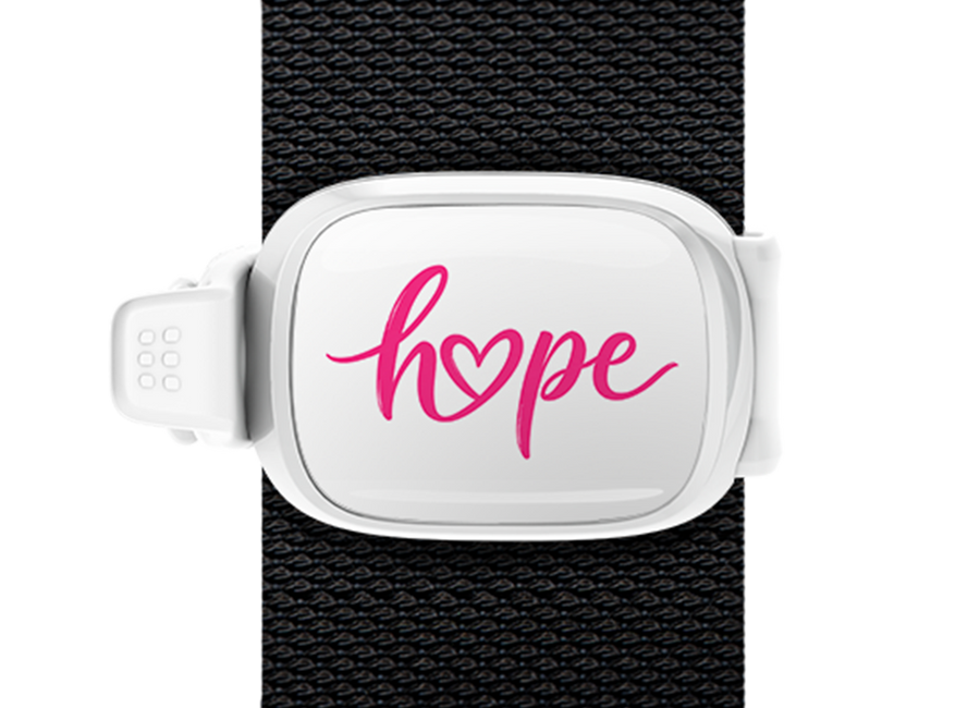 Hope Heart Breast Cancer Awareness Stwrap bag tag mounted on a bag strap