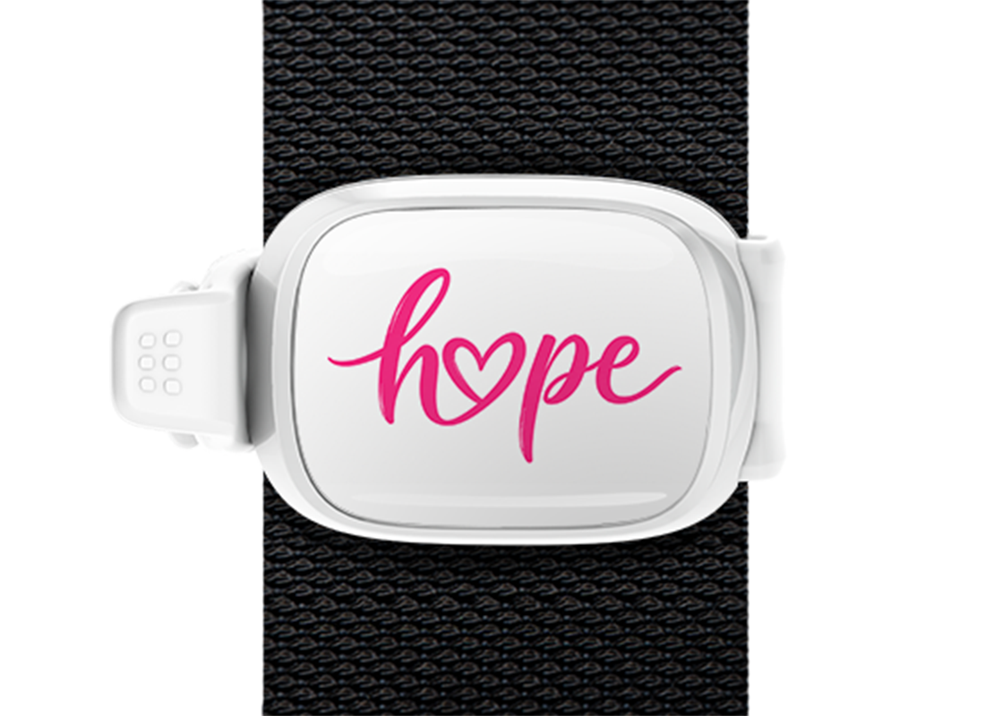 Hope Heart Breast Cancer Awareness Stwrap bag tag mounted on a bag strap