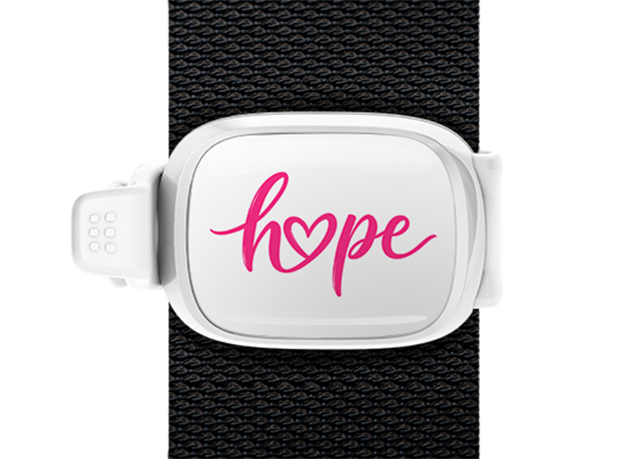 Hope Heart Breast Cancer Awareness Stwrap bag tag mounted on a bag strap