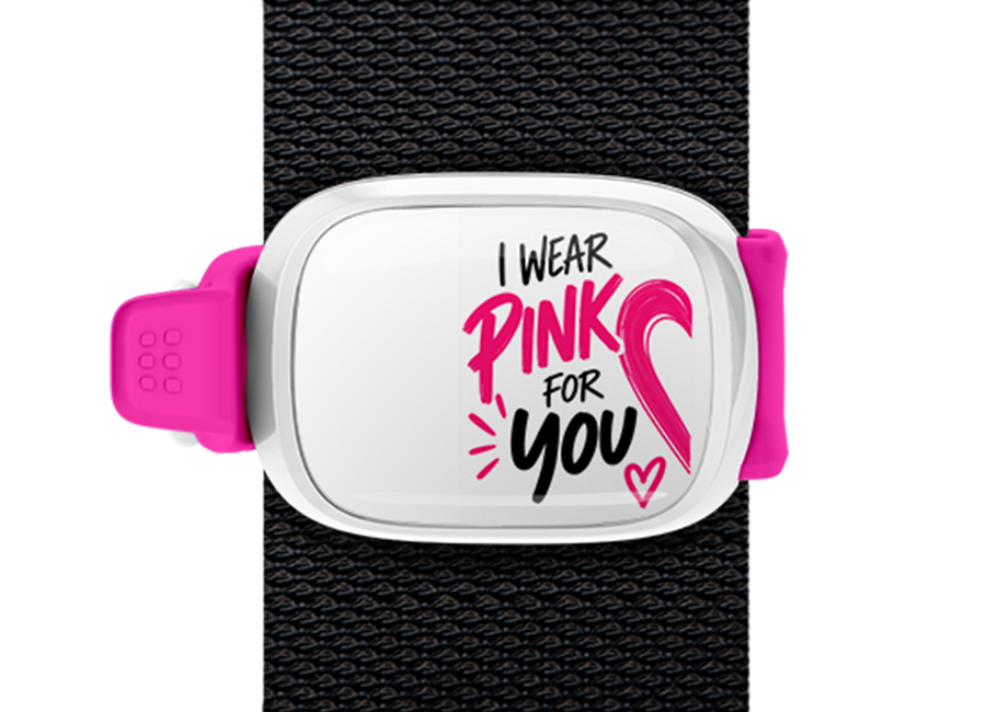 I Wear Pink for You Bold Stwrap bag tag mounted on a bag strap
