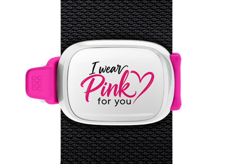 I Wear Pink for You Script Stwrap bag tag mounted on a bag strap
