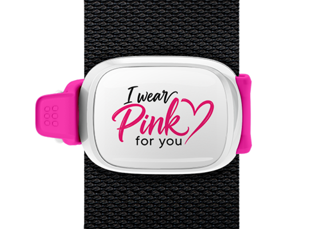 I Wear Pink for You Script Stwrap bag tag mounted on a bag strap