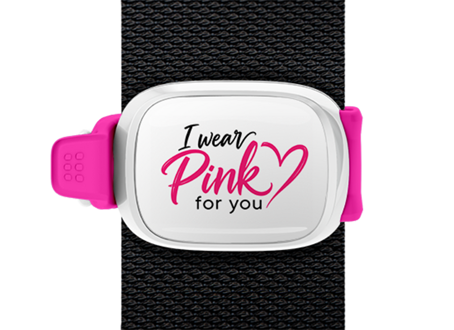 I Wear Pink for You Script Stwrap bag tag mounted on a bag strap