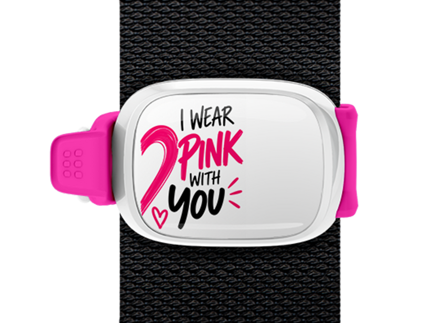I Wear Pink With You Bold Stwrap bag tag mounted on a bag strap