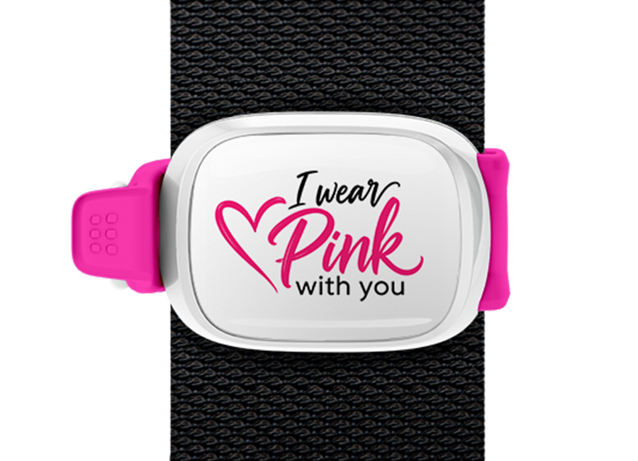 I Wear Pink With You Script Stwrap bag tag mounted on a bag strap