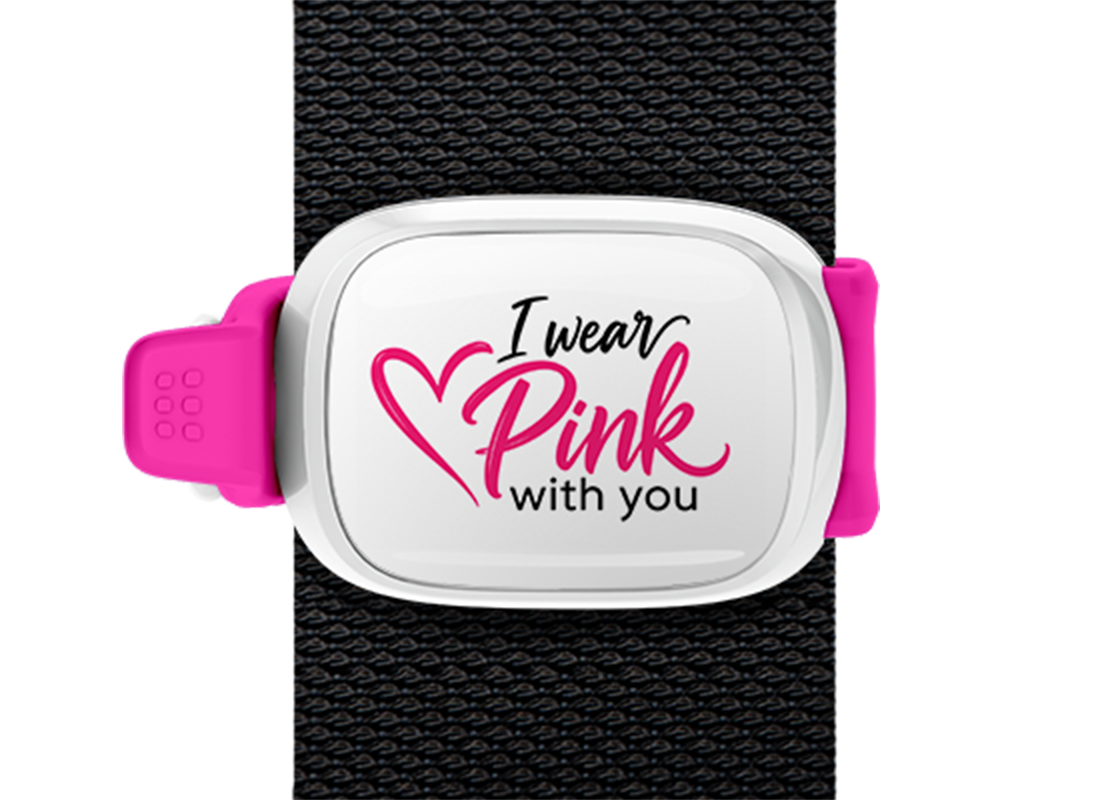 I Wear Pink With You Script Stwrap bag tag mounted on a bag strap