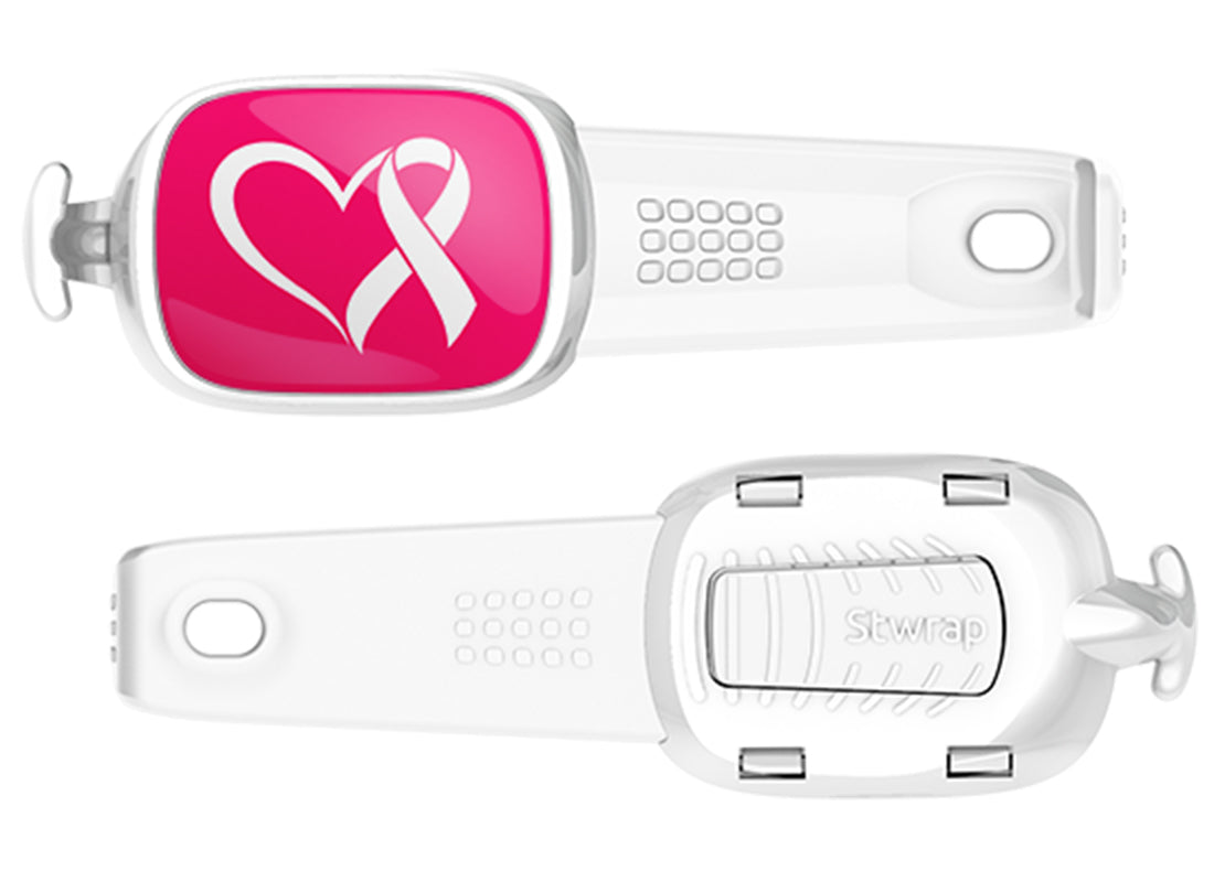 Pink Background White Ribbon Stwrap bag tag front and back views