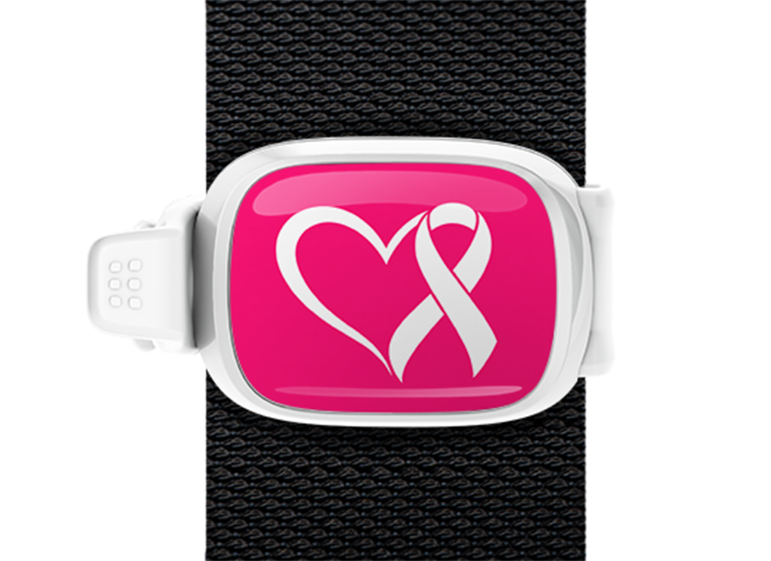 Pink Background White Ribbon Stwrap bag tag mounted on a bag strap