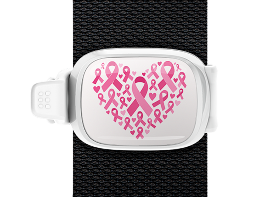 Pink Ribbon Heart Pattern Stwrap bag tag mounted on a bag strap
