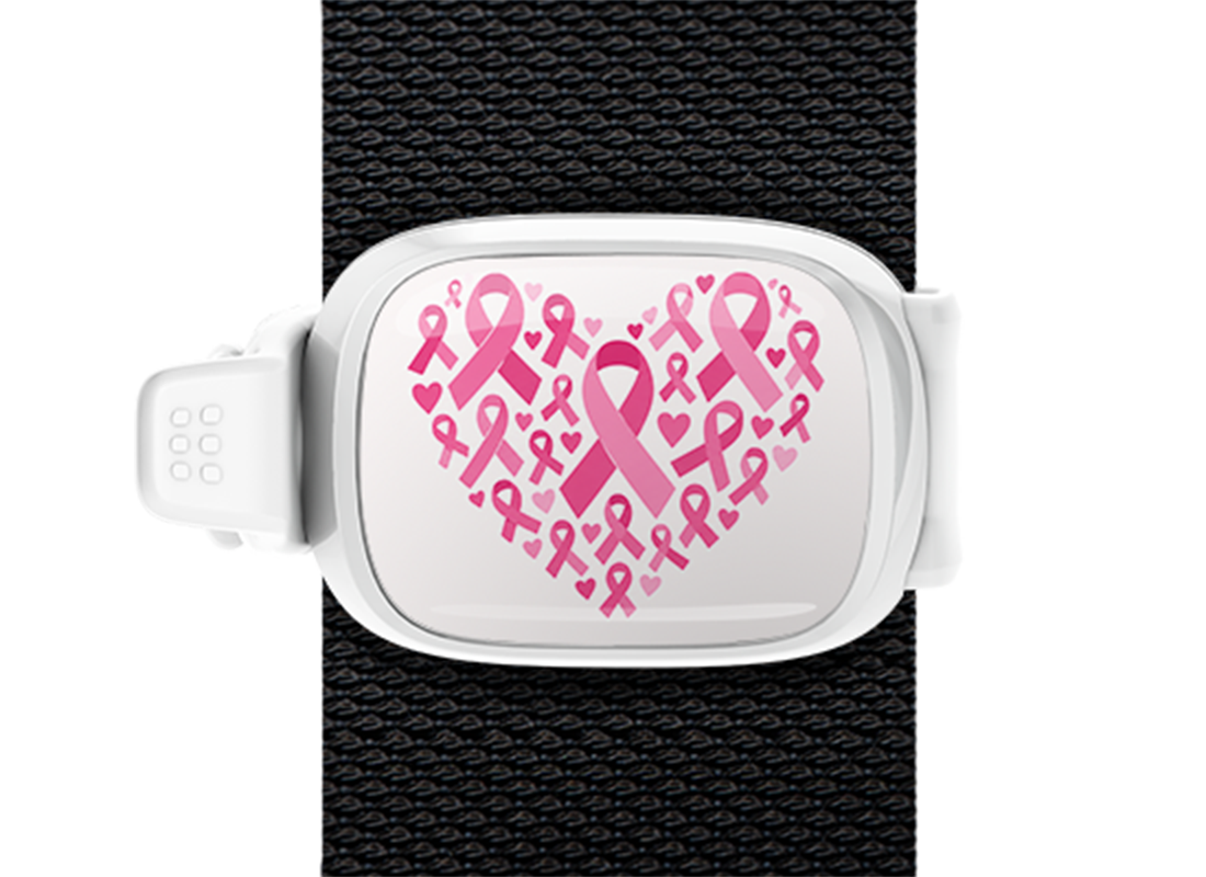 Pink Ribbon Heart Pattern Stwrap bag tag mounted on a bag strap