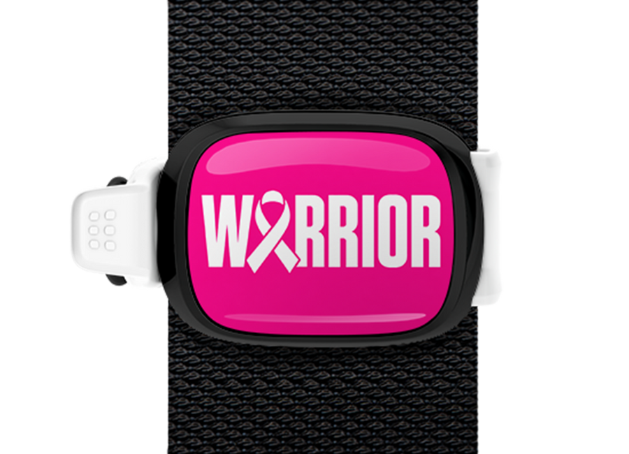 Warrior Breast Cancer Awareness Stwrap bag tag mounted on a bag strap