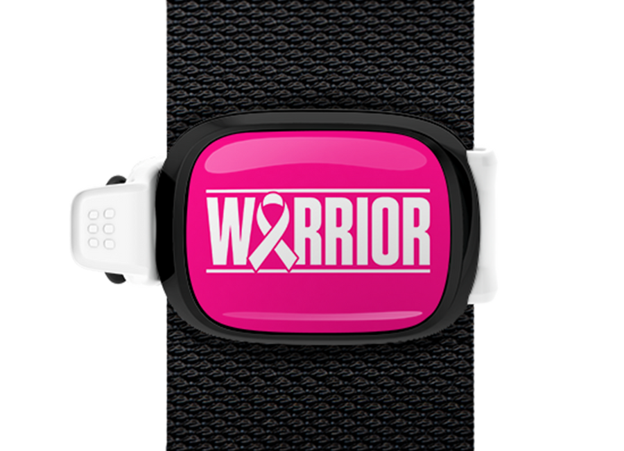 Warrior Two-Line Breast Cancer Awareness Stwrap bag tag mounted on a bag strap