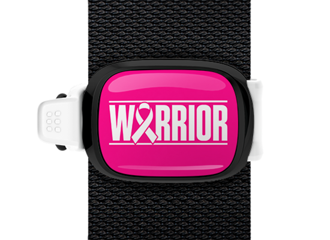 Warrior Two-Line Breast Cancer Awareness Stwrap bag tag mounted on a bag strap