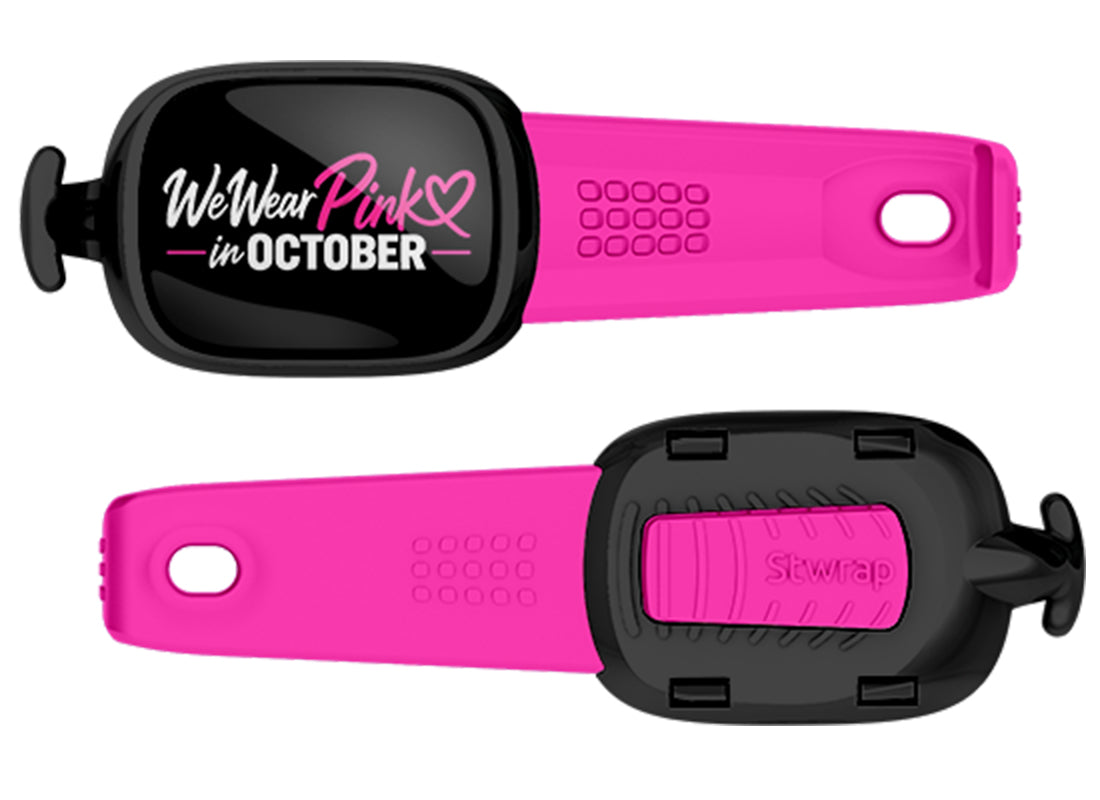 We Wear Pink in October Pink Band Stwrap bag tag front and back views