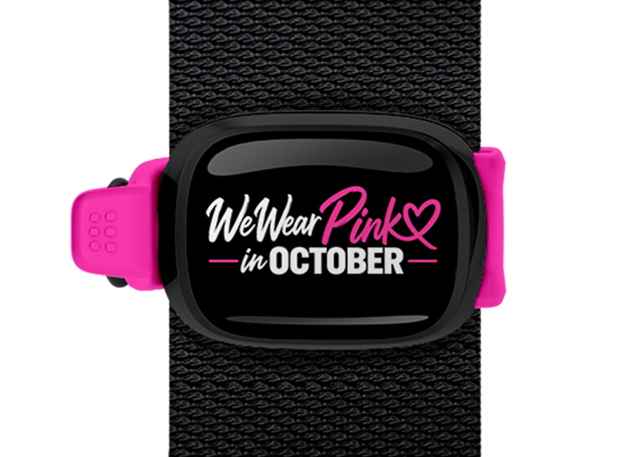 We Wear Pink in October Pink Band Stwrap bag tag mounted on a bag strap
