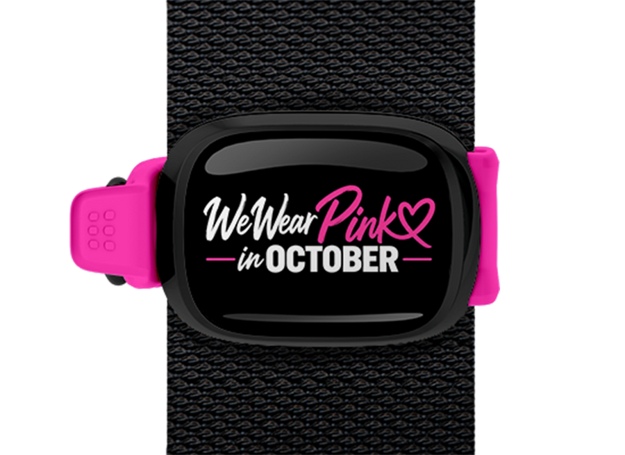 We Wear Pink in October Pink Band Stwrap bag tag mounted on a bag strap