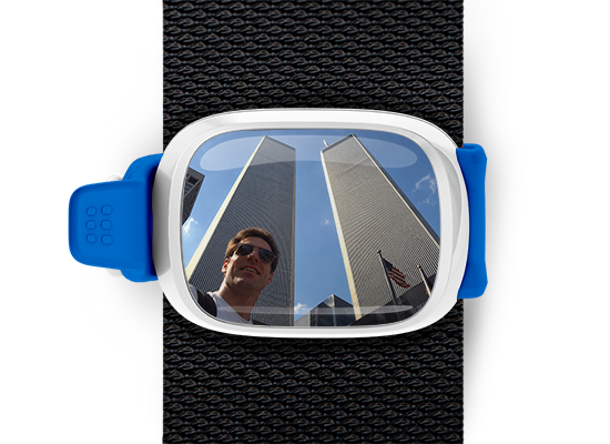 Personal 9/11 memory photo looking up at the World Trade Center Twin Towers Strap View