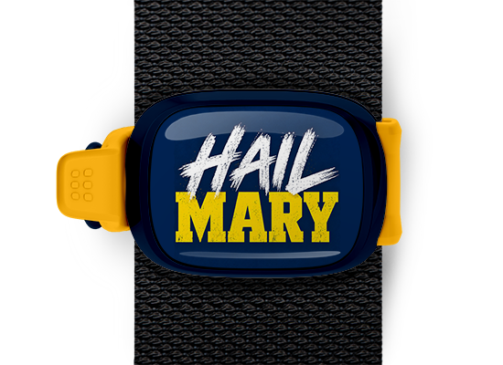 Hail Mary blue and gold football Stwrap bag tag mounted on backpack strap