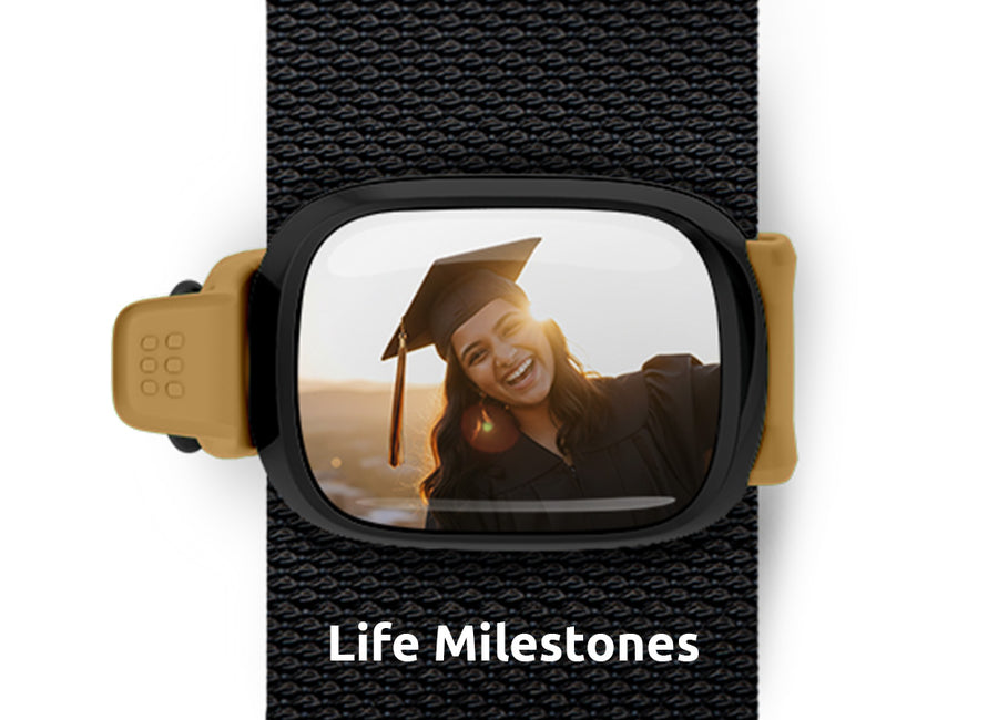 Custom milestone photo Stwrap bag tag mounted flat on a backpack or bag strap.