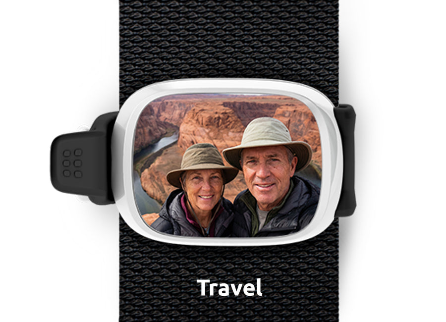 Custom travel photo Stwrap bag tag mounted flat on a luggage or travel bag strap.