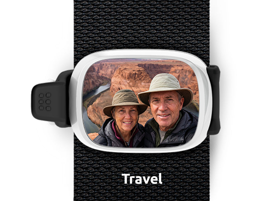 Custom travel photo Stwrap bag tag mounted flat on a luggage or travel bag strap.