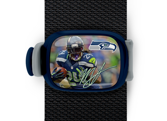 Marshawn Lynch Bag Tag mounted on a bag strap