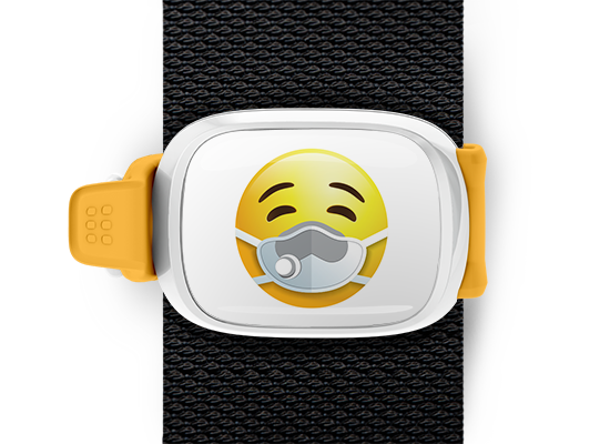 mask emoji bag tag stwrap shown mounted on bag strap