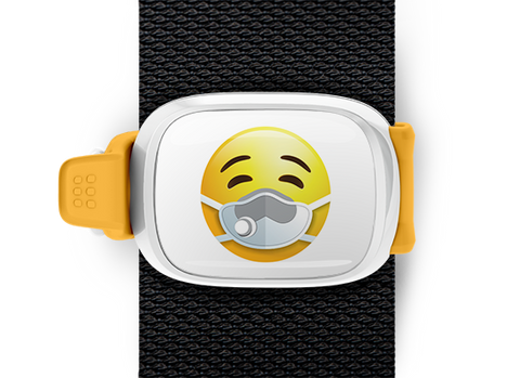 mask emoji bag tag stwrap shown mounted on bag strap