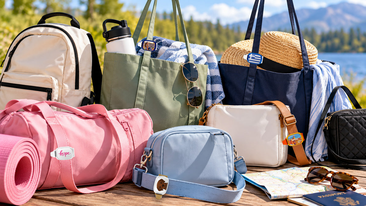 Ready-made Stwrap bag tags on backpacks and bags