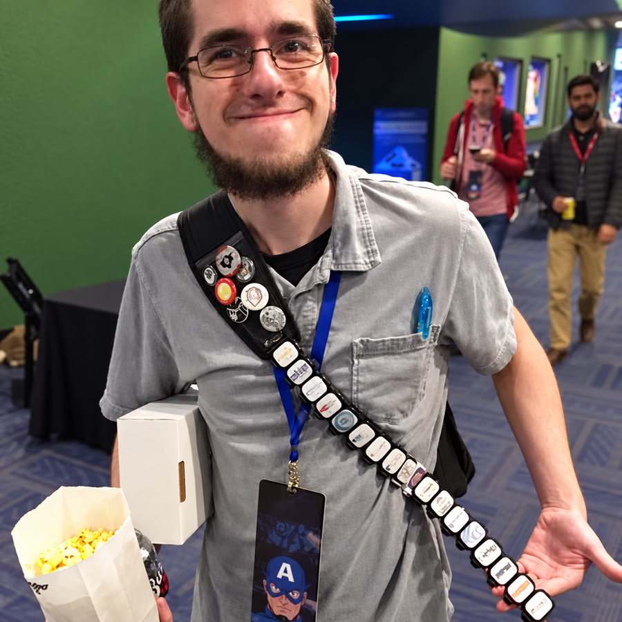 Trade show attendee collecting Stwraps on a shoulder strap.