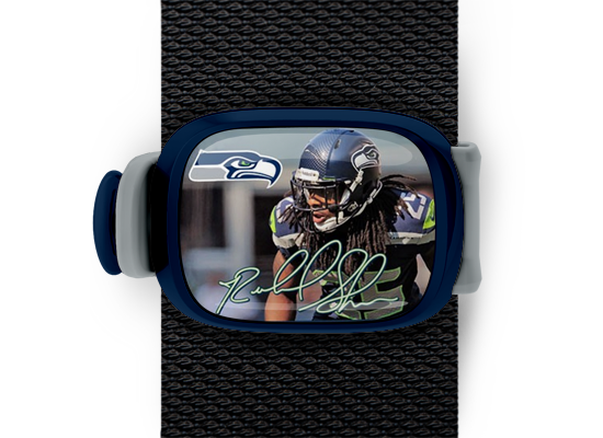 Richard Sherman Bag Tag mounted on a bag strap