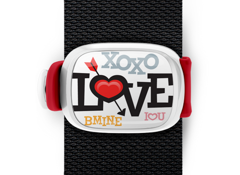 the word love bag tag stwrap white red mounted on backpack strap