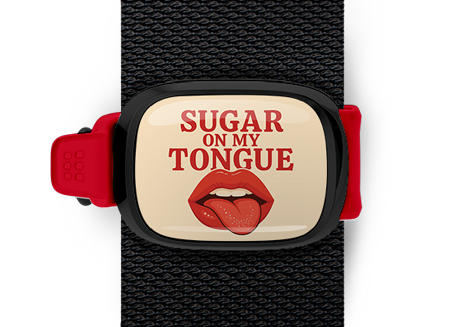 Sugar On My Tongue Bag Tag mounted on a bag strap
