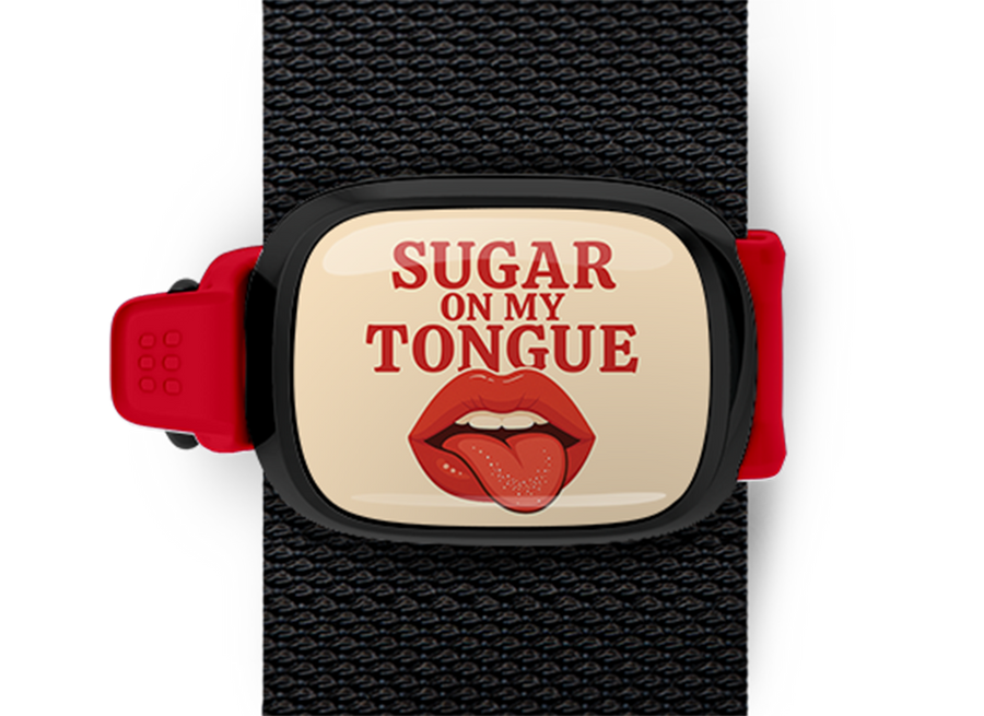 Sugar On My Tongue Bag Tag mounted on a bag strap