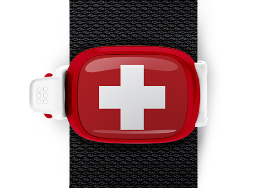Switzerland flag Stwrap bag tag mounted on a bag strap