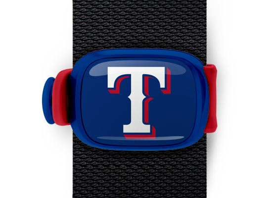 Texas Rangers Bag Tag mounted on a bag strap