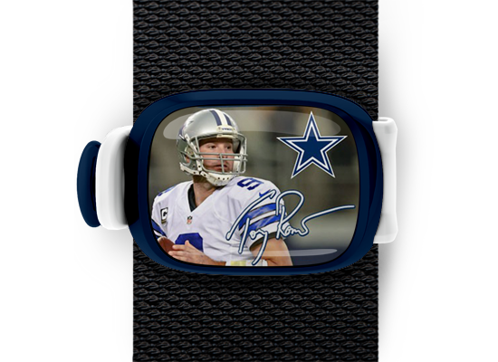 Tony Romo Bag Tag mounted on a bag strap