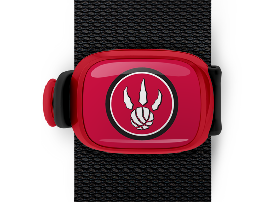 Toronto Raptors Bag Tag mounted on a bag strap