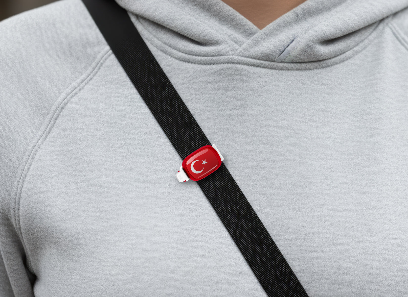 Turkey flag Stwrap bag tag shown on a bag in a lifestyle setting