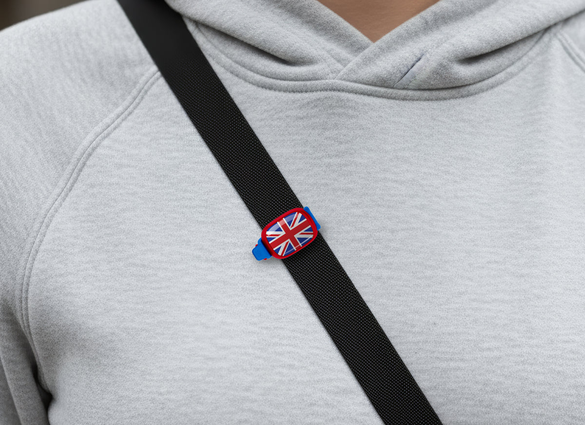 United Kingdom flag Stwrap bag tag shown on a bag in a lifestyle setting