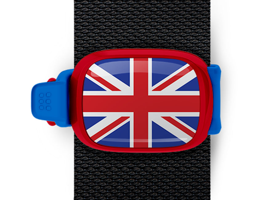 United Kingdom flag Stwrap bag tag mounted on a bag strap