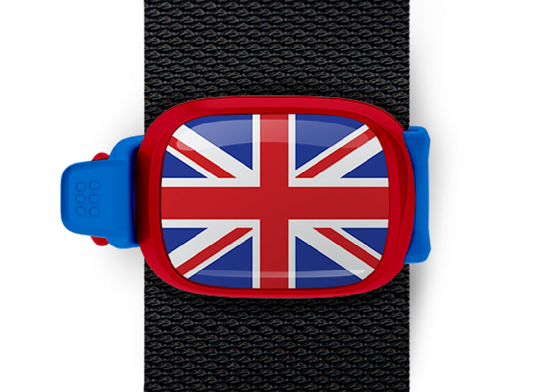 United Kingdom flag Stwrap bag tag mounted on a bag strap