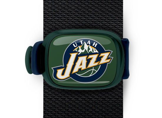 Utah Jazz Bag Tag mounted on a bag strap