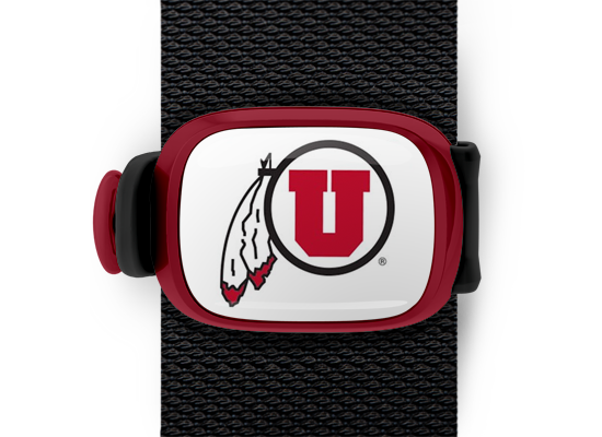 Utah Swoop Bag Tag mounted on a bag strap