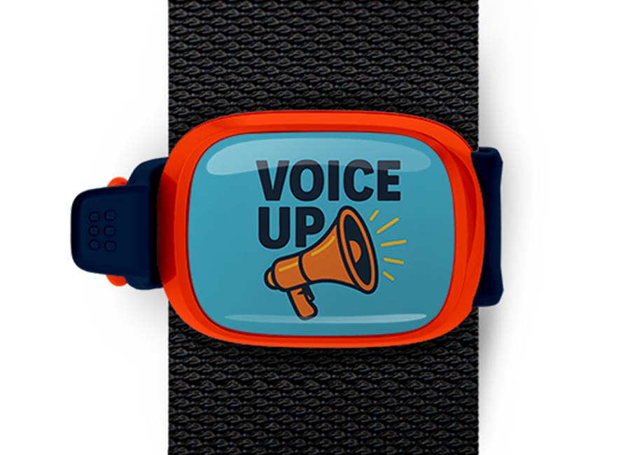 Voice Up Bag Tag mounted on a bag strap