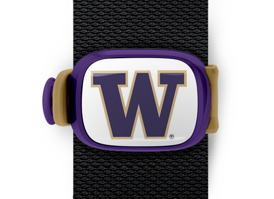 Washington Huskies Bag Tag mounted on a bag strap