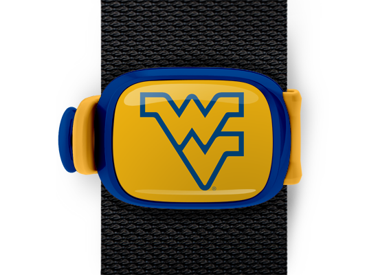 West Virginia Mountaineers Bag Tag mounted on a bag strap