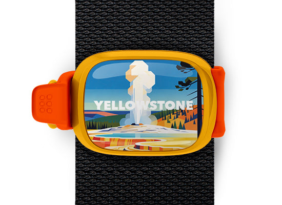 Yellowstone National Park Stwrap bag tag mounted on a black bag strap