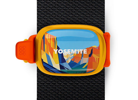Yosemite National Park Stwrap bag tag mounted on a black bag strap