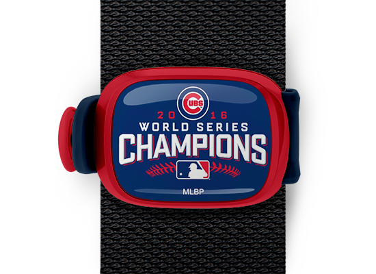 Chicago Cubs 2016 National Champions Bag Tag mounted on a bag strap